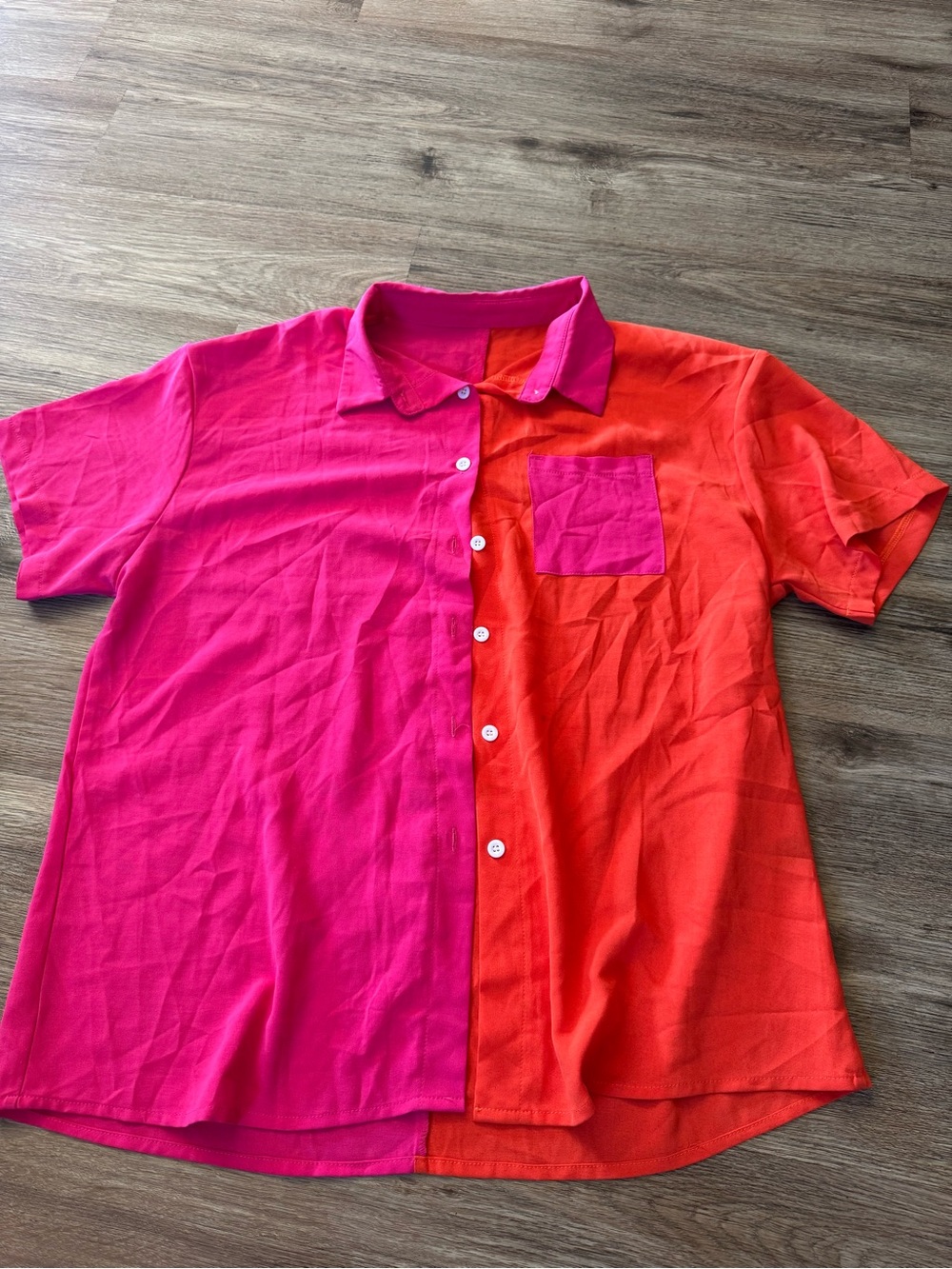 SHEIN Pink and Orange Colorblock Button-Down Shirt
